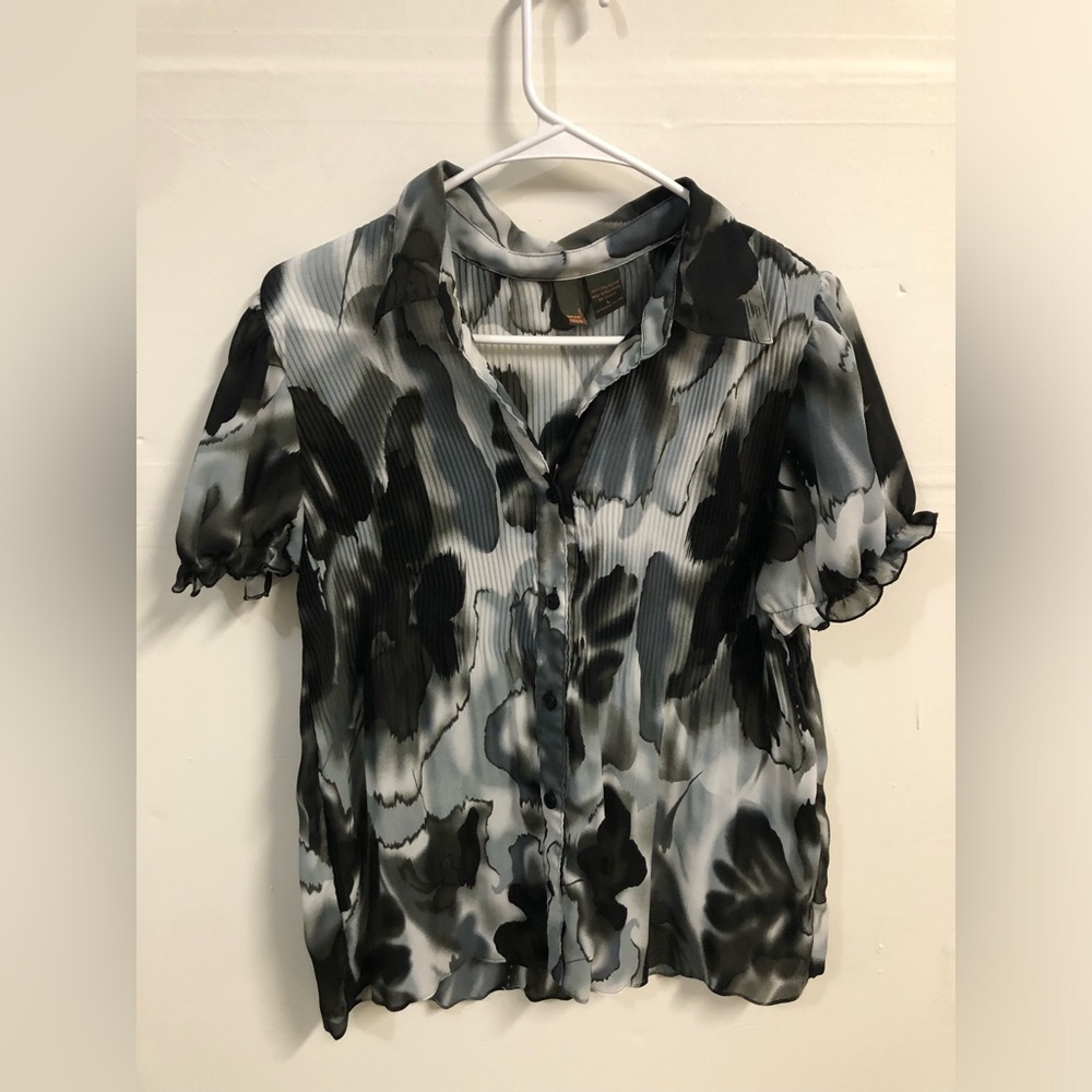 Y2K Chic Black and Gray Patterned Women's Blouse Size Large